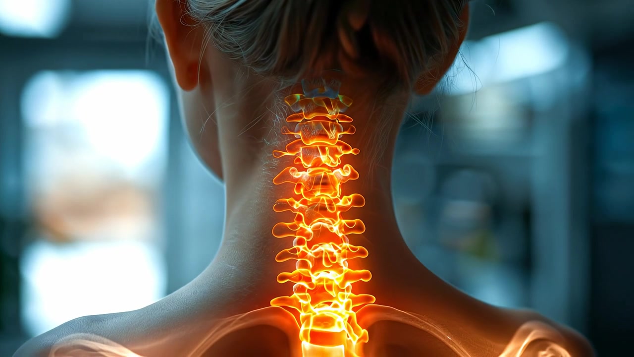 Ilustração médica de uma coluna cervical humana destacada em laranja. Vista traseira da cabeça e ombros de uma mulher com uma estrutura da coluna vertebral iluminada e brilhante em laranja.