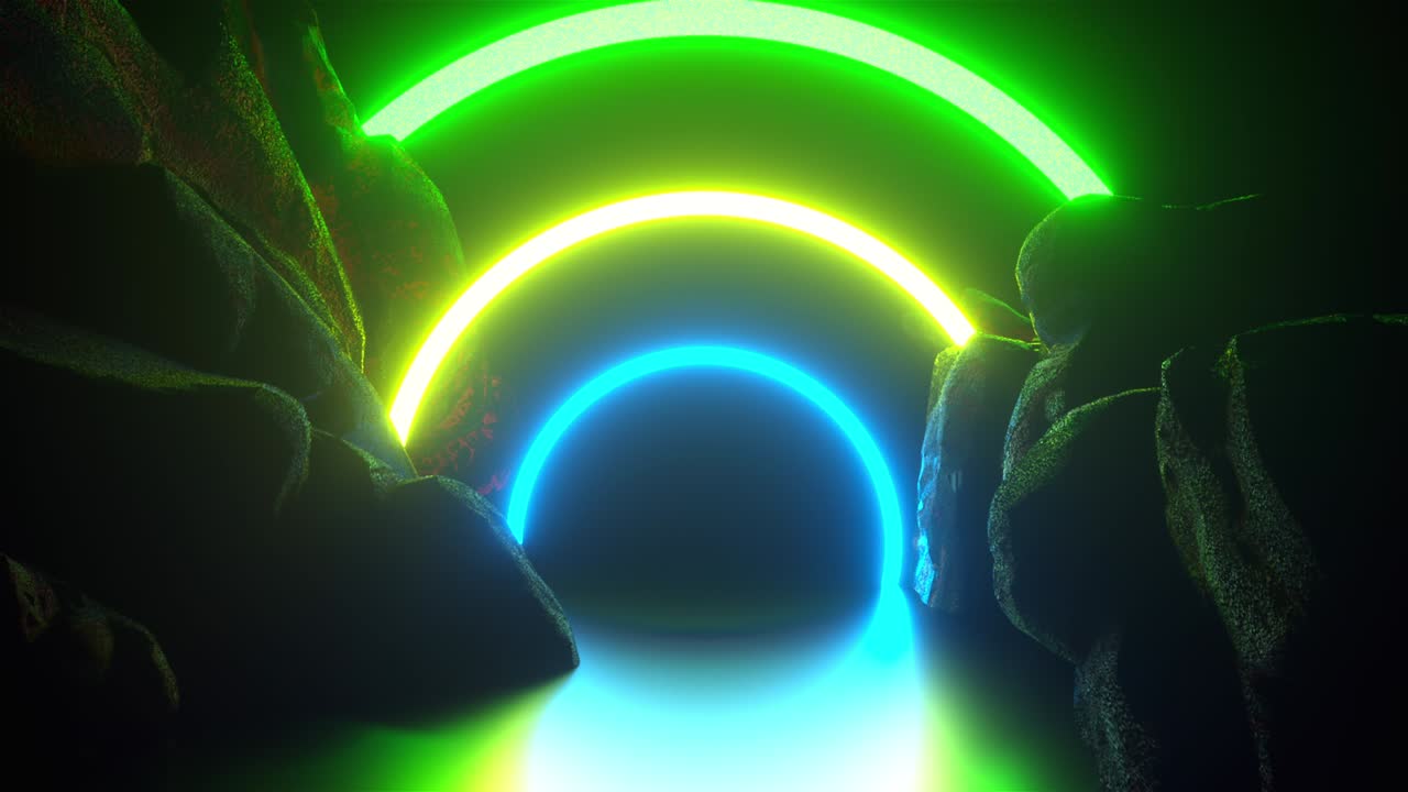 camino rocoso y arcos de neón de colores, renderización 3d. fondo virtual generado por computadora