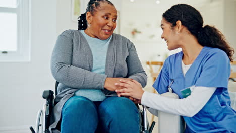 Home,-woman-in-wheelchair-and-happy-nurse-holding