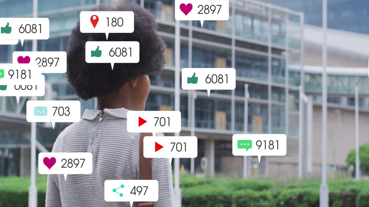 Animation of social media notification icons overlaying person standing outdoors