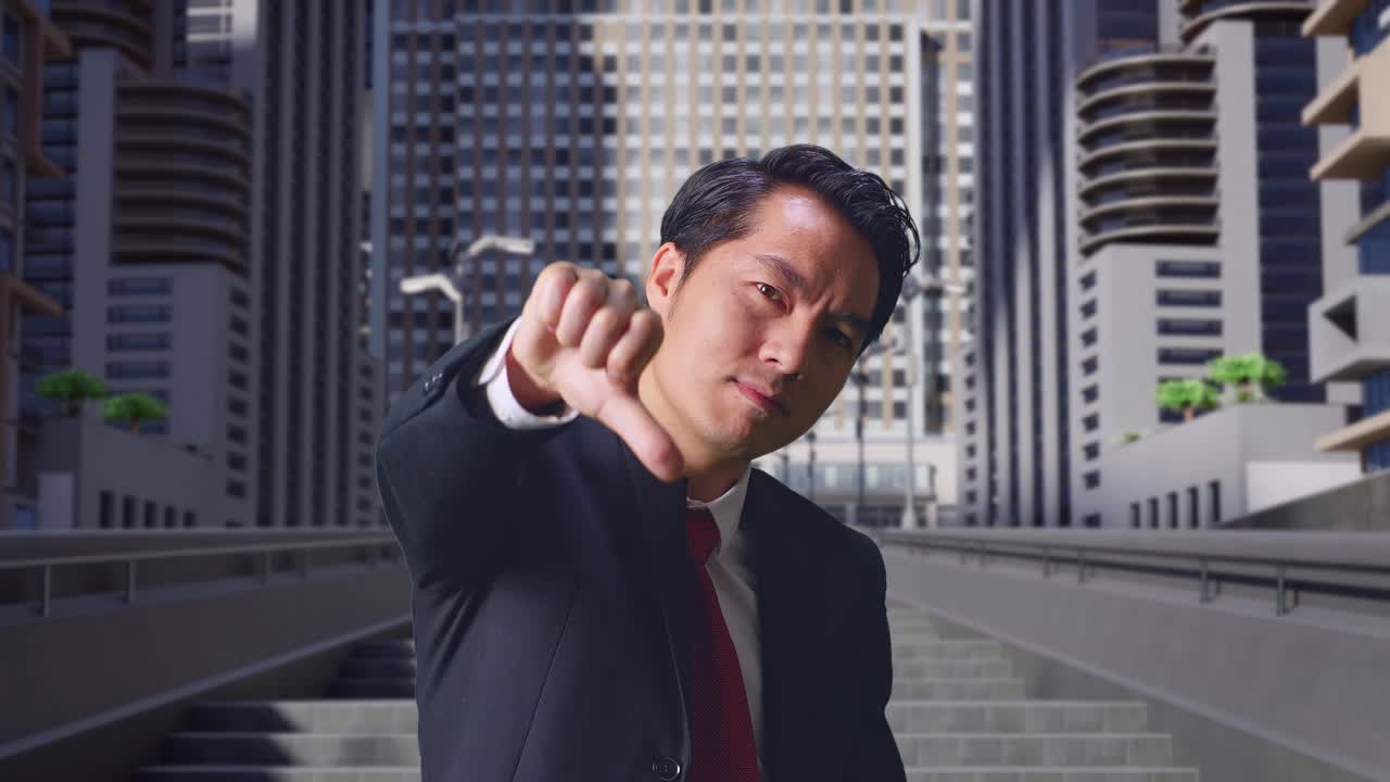 도시에서 엄지손가락을 내려주는 사업가