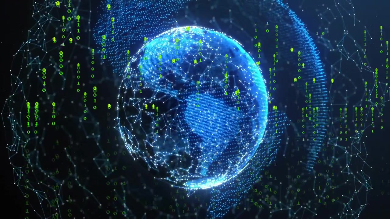 3D globe forming from glowing blue dots and lines, rotating, sending binary code over dark grid