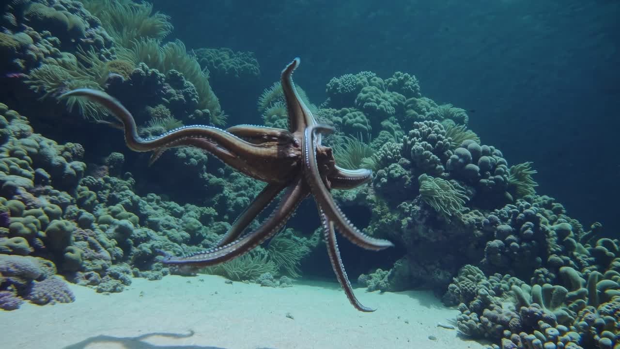 Large octopus swimming gracefully over a vibrant coral reef in the clear blue ocean water, its tentacles moving fluidly through the marine environment