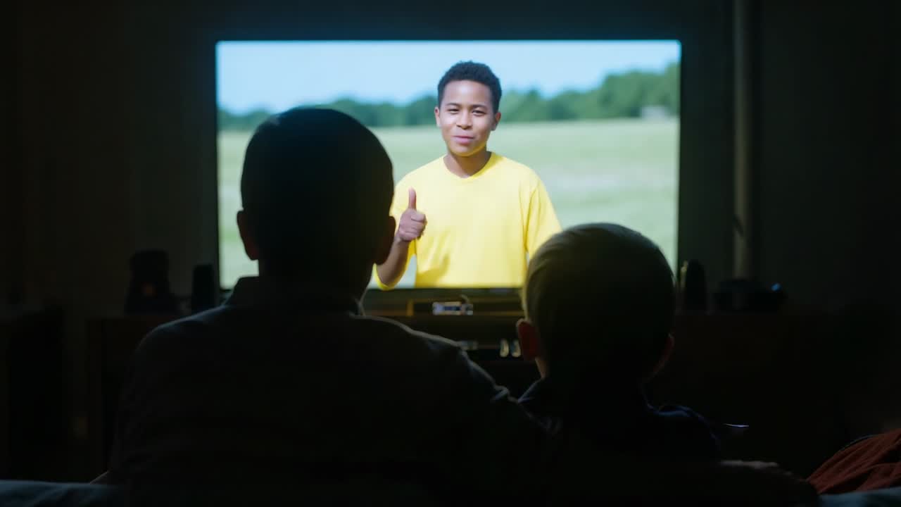 Watching man and child on couch at home, TV switching to boy in yellow shirt, bonding