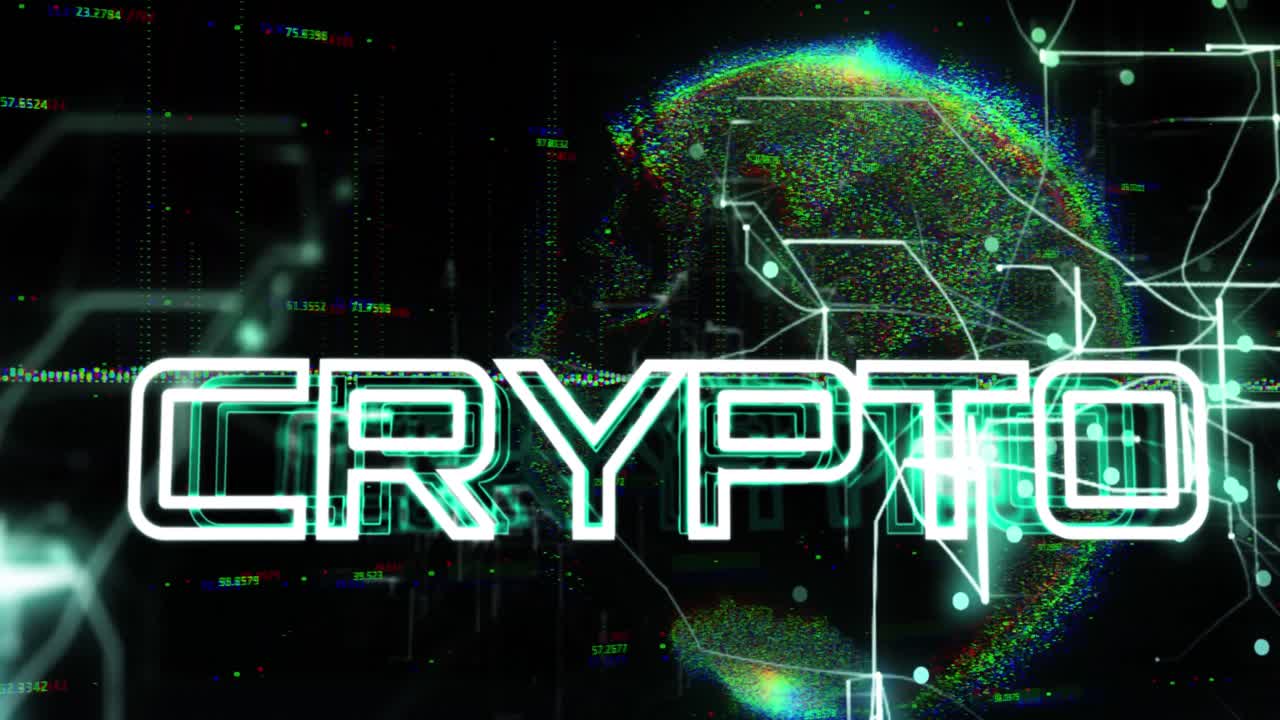 Animation of crypto text over globe on black background