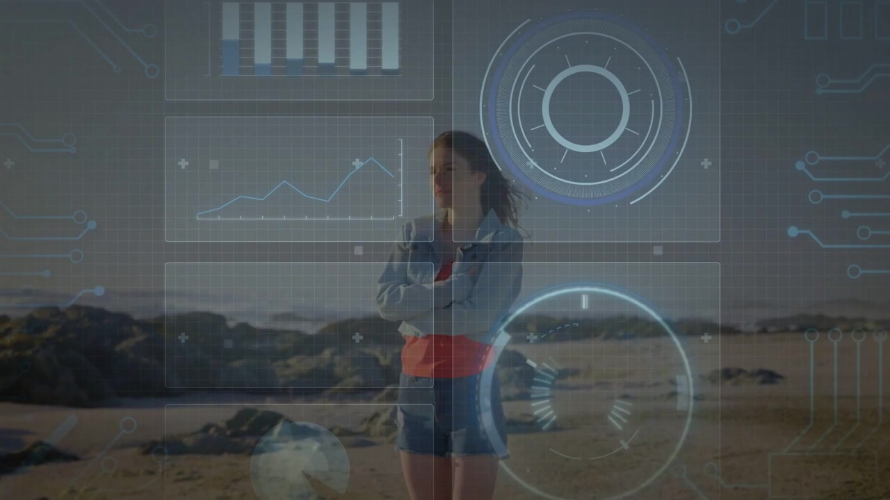 Adult woman standing shore, looking right, tech HUD activating charts around her, monitoring data