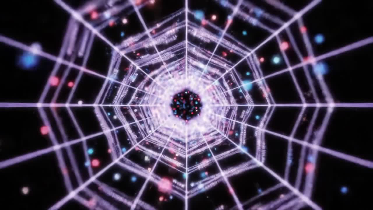A Hypnotic Journey Through a Vivid, Geometric Web of Light and Color, Creating a Mesmerizing Visual Experience of Depth and Motion