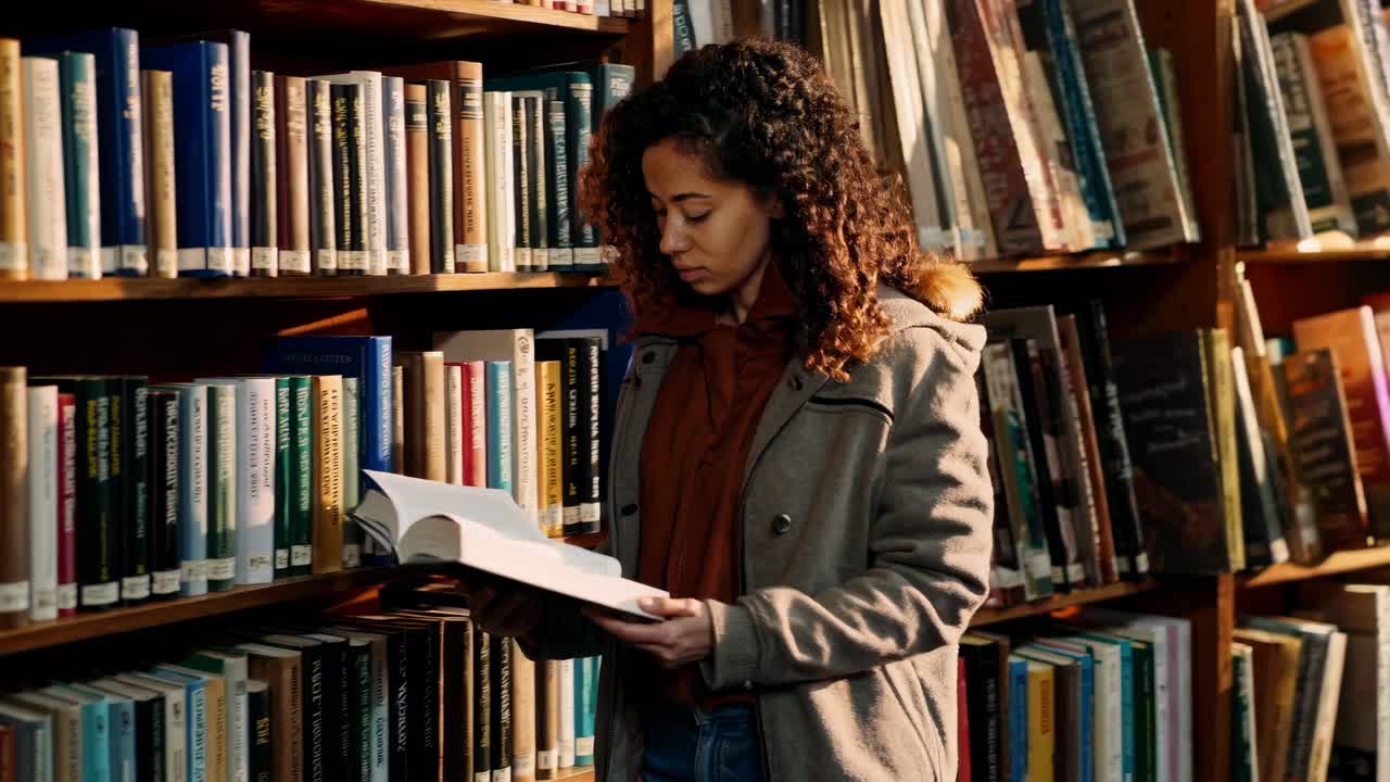 A woman reads a book in a library, captured in a medium shot