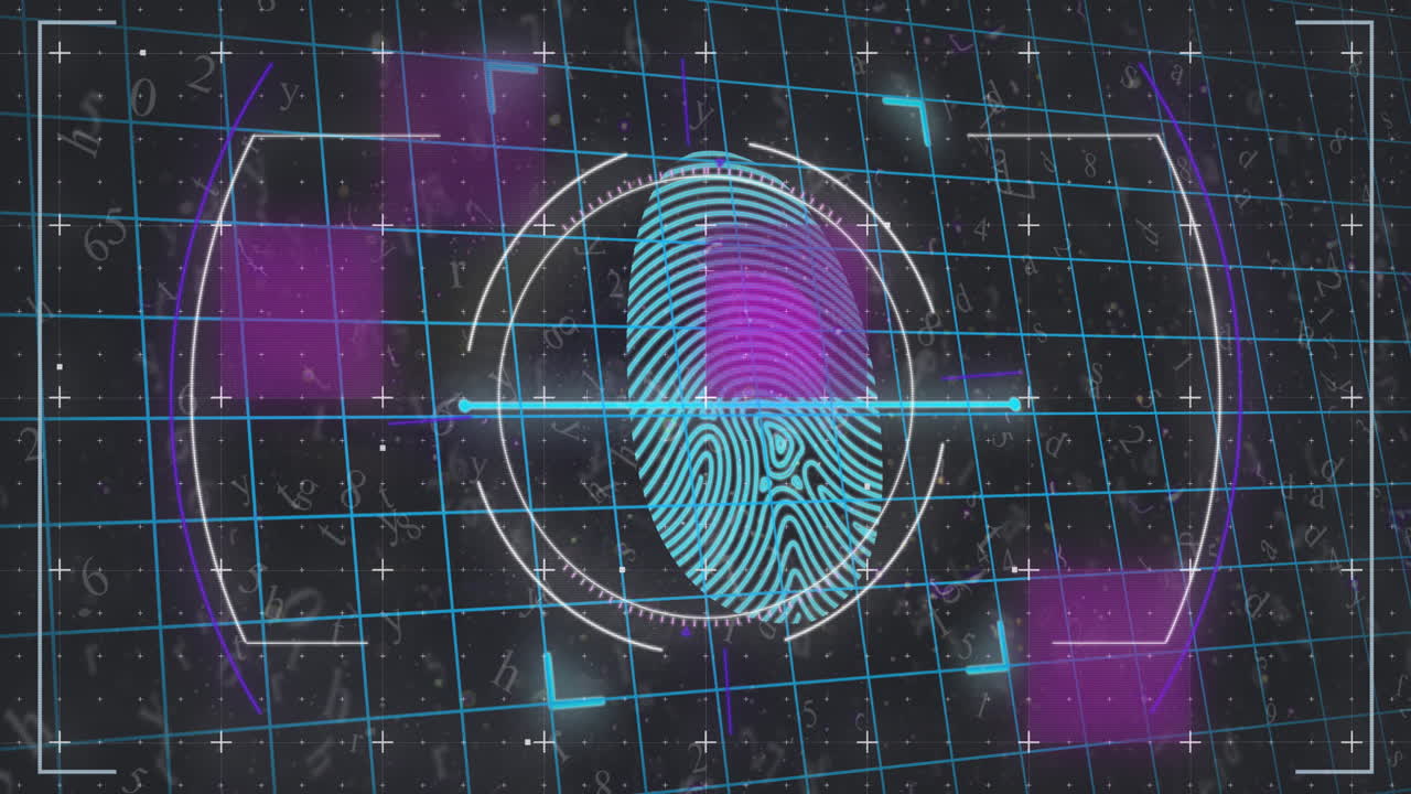 animación del escaneo del alcance y el procesamiento de datos biométricos de huellas dactilares sobre fondo negro