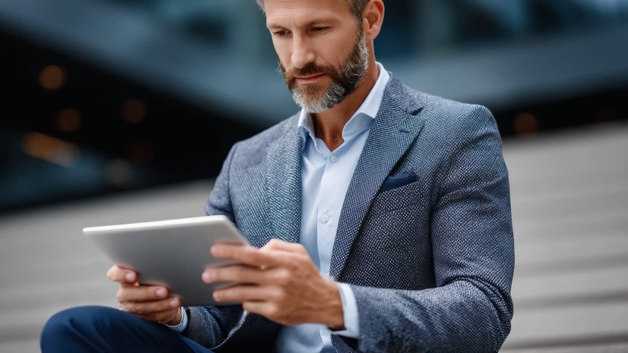 A Professional Man Engaged in Reading or Working on a Tablet During a Sunny Day in an Urban Environment, Exuding Focus and Determination in His Attire
