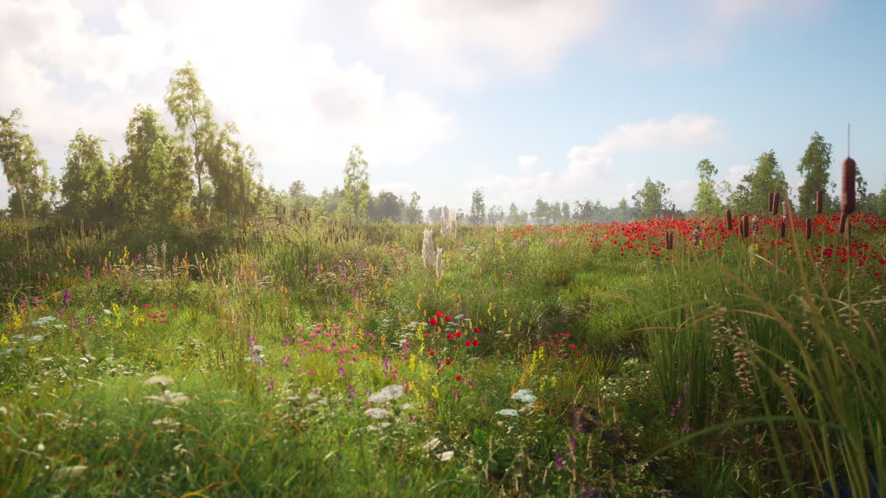 Lush meadow blooming with wildflowers under a clear blue sky in springtime