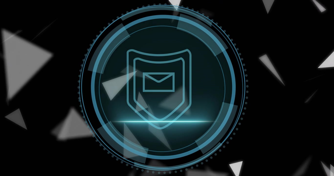 Teal circular HUD showing shield envelope icon, projecting scanning beam and floating shards