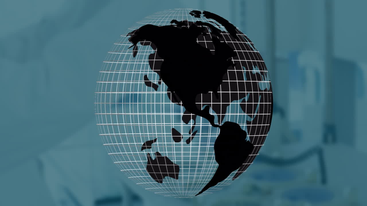 Animation of rotating globe with grid lines over blurred blue background