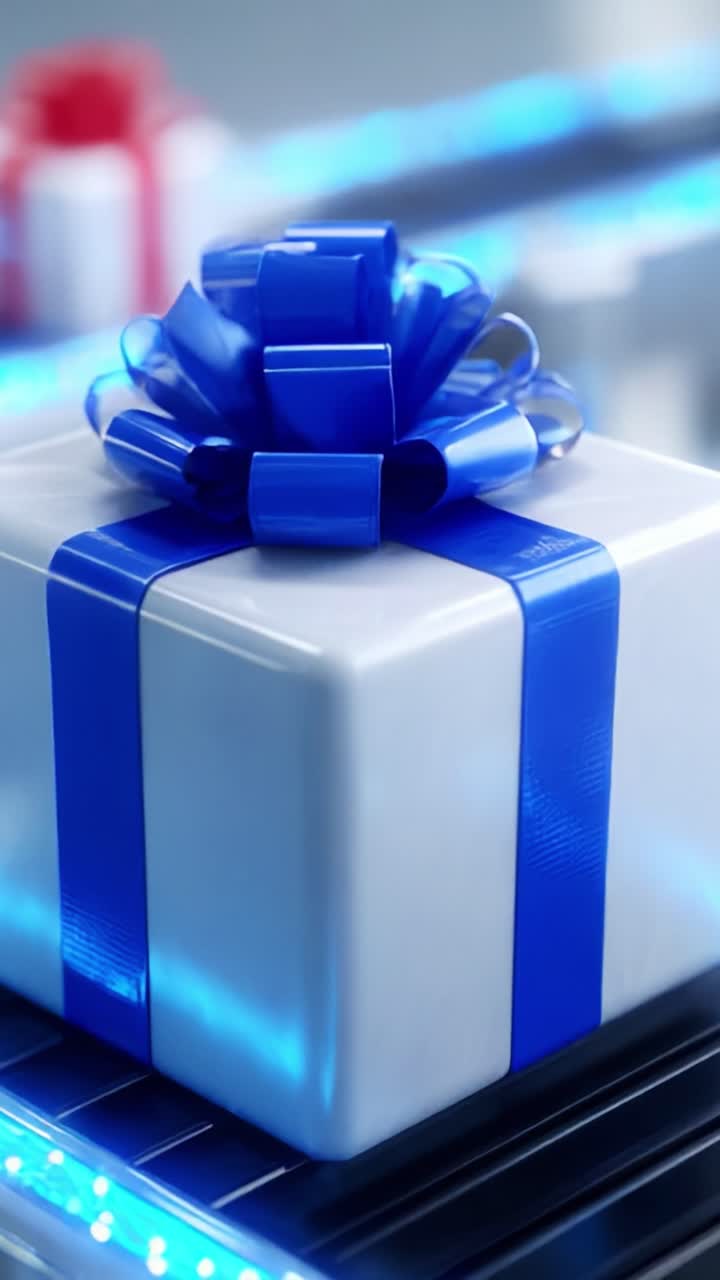 A Close-Up Look at a Beautifully Wrapped Gift Box with a Blue Bow Being Transported on an Automated Conveyor Belt, Highlighting the Modern Packaging Process in a Sleek, Tech-Driven Environment
