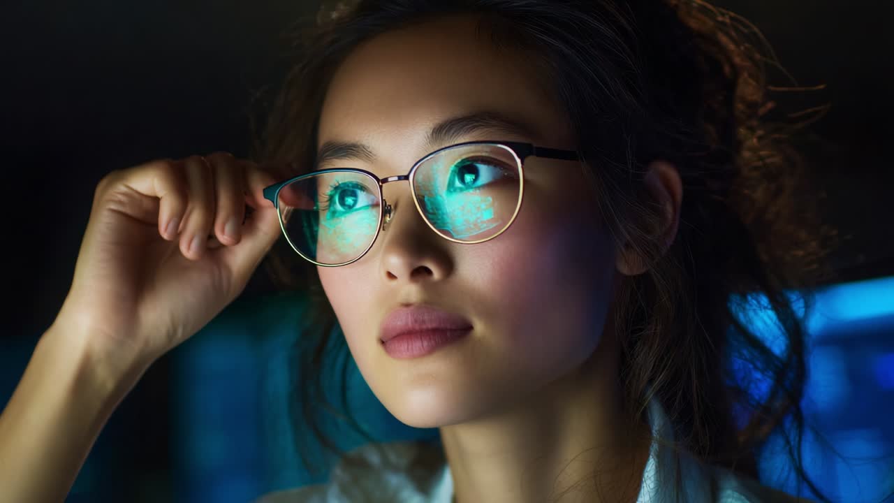 A thoughtful woman with glasses gazes intently into the distance, illuminated by blue light that reflects off her lenses, capturing a moment of inspiration and contemplation in a darkened space
