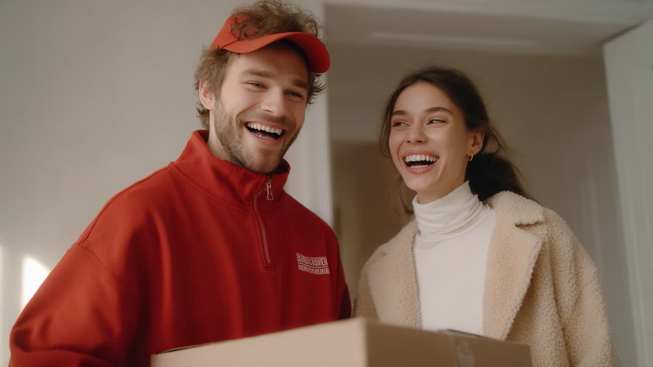 A Joyful Delivery: Smiling Individuals Share a Moment of Connection as a Package is Delivered, Emphasizing the Excitement of Unboxing and Human Interaction
