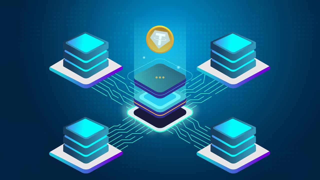Abstract Blockchain animation of Tether digital virtual currency Mining Rig Process in digital cyberspace with Servers