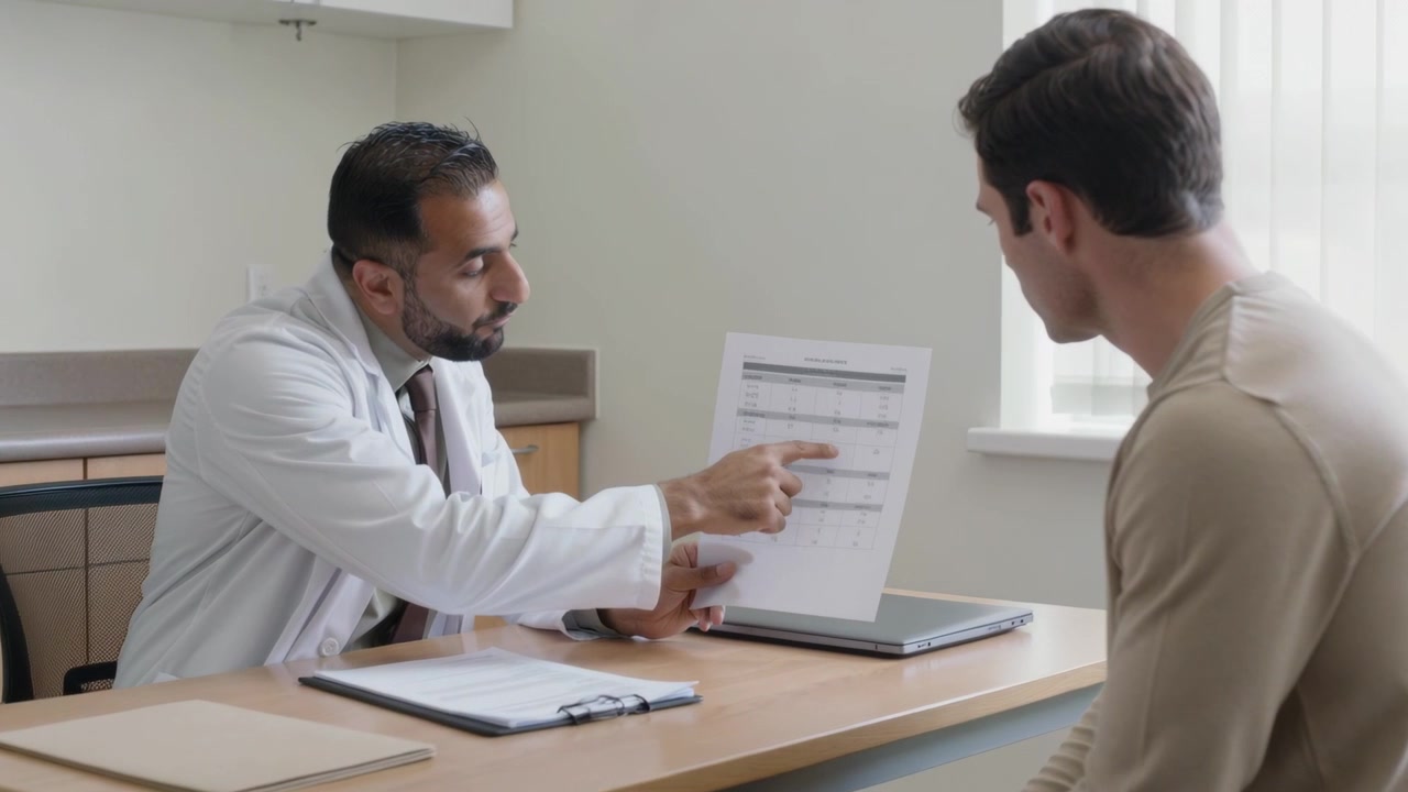 Presentando un modulo, un clinico in camice da laboratorio indica una cartella sulla scrivania, guidando un paziente con un top beige.
