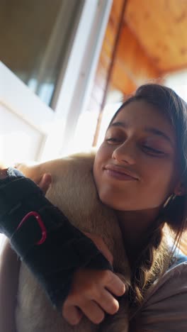 una chica abrazando a un perro.