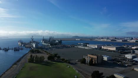 marina, naval base and city on a sunny day