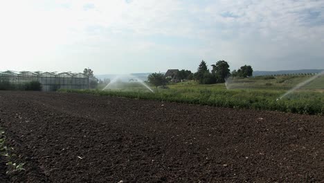 field and green house in bavaria with sprinkler irrigation, germany