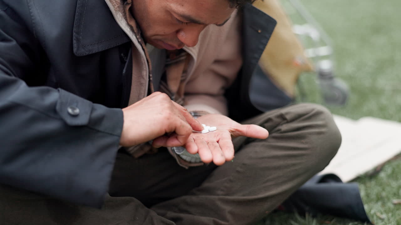 약을 먹는 노숙자