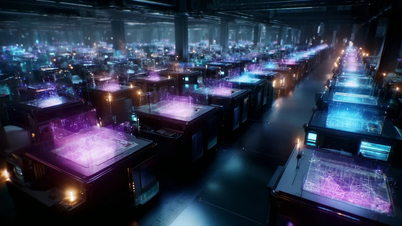 An expansive and futuristic digital landscape showcasing a high-tech environment filled with intricate displays of technology, illuminated surfaces, and shimmering holographic projections creating an immersive experience