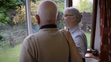 elderly man and caregiver looking out the window at the garden
