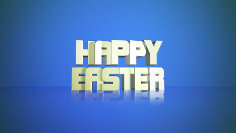 Lebendiges-3D-Rendering-Feiert-Ostern-Mit-Fröhlichem-Gelbem-Text-Auf-Reflektierendem-Blauem-Hintergrund