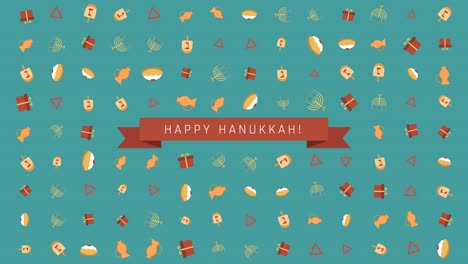 fondo de animación de diseño plano de vacaciones de hanukkah con símbolos tradicionales y texto en inglés
