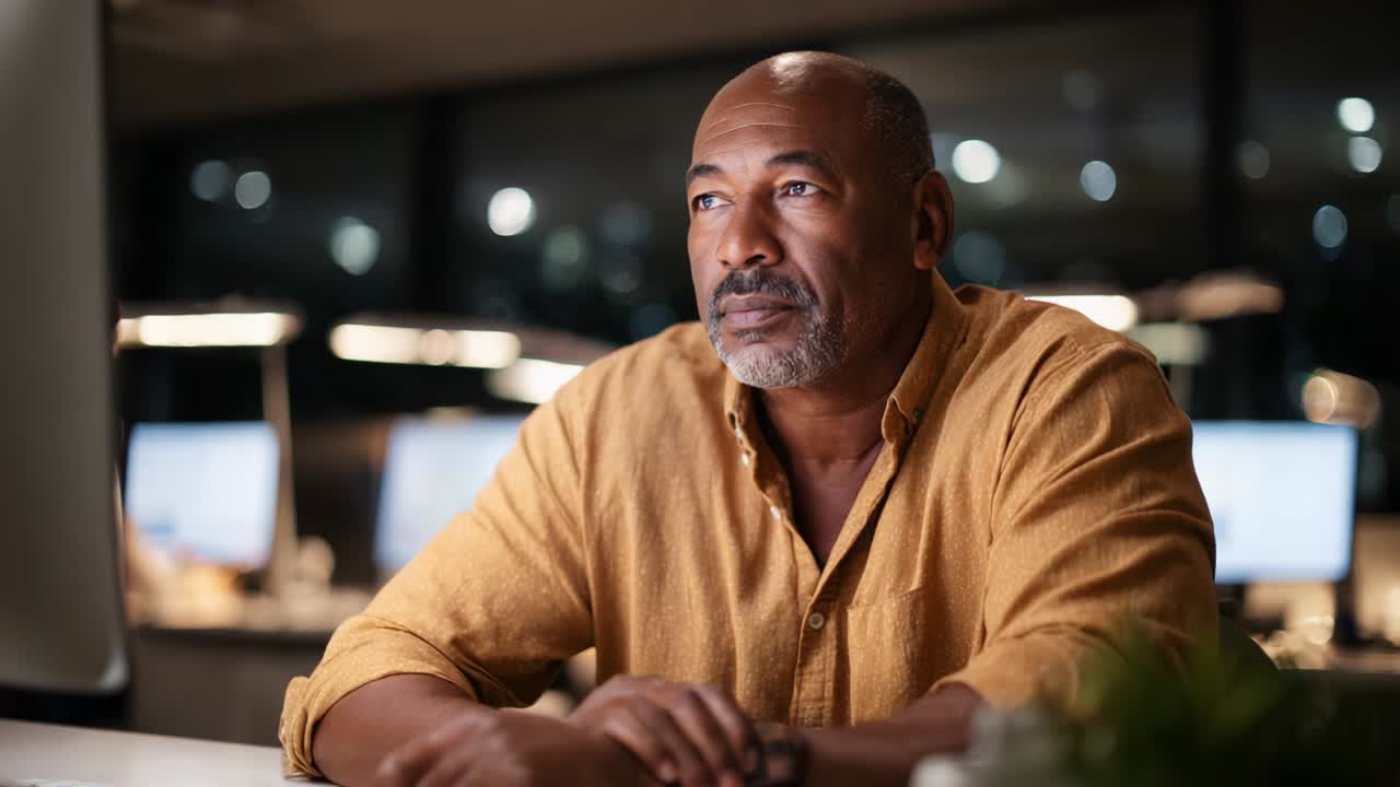 A contemplative man in a cozy yellow shirt gazes thoughtfully while seated at a desk in a modern office, surrounded by computer screens, suggesting deep reflection and focus during late hours