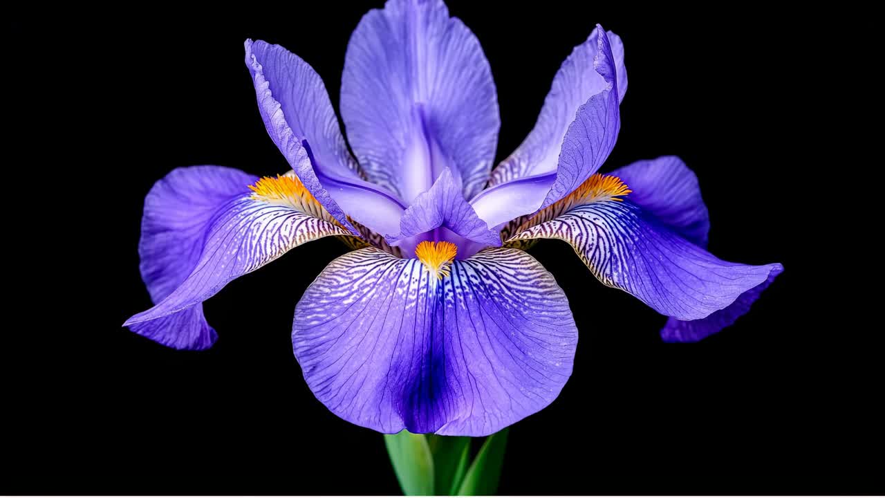 Paarse bloem op zwart. Een close-up van een paarse bloem toont de vorm en kleuren tegen een zwarte achtergrond.