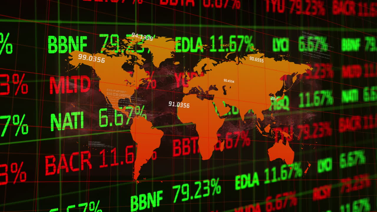 Premium stock video - Global stock market data is displayed over a ...