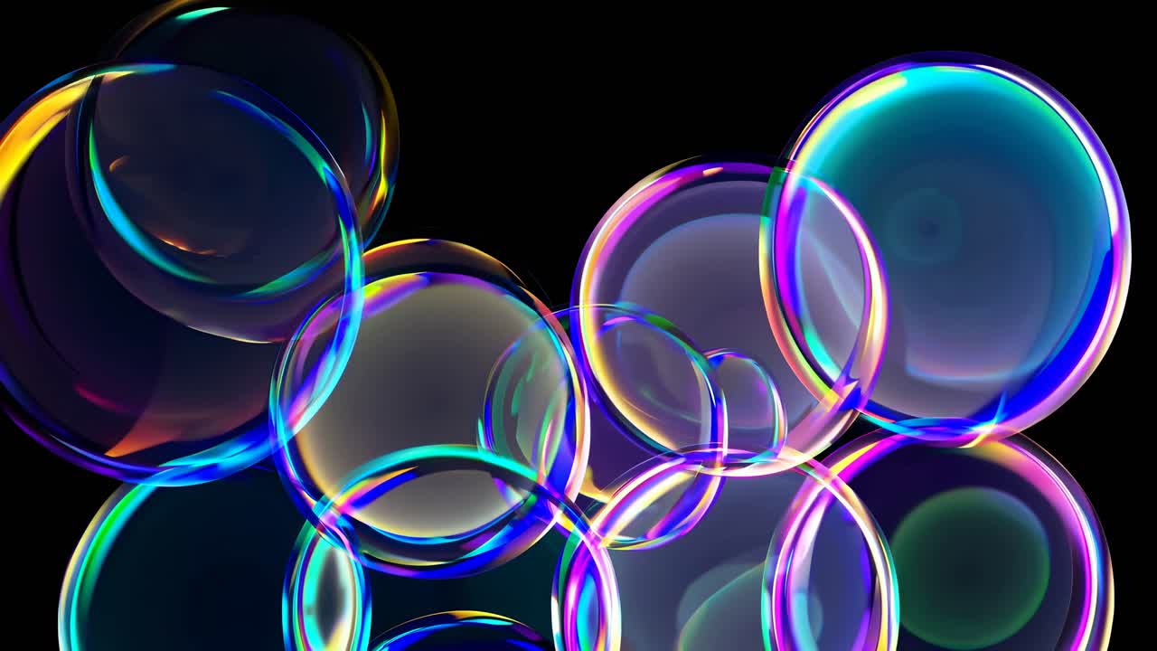 Colorful soap bubbles float against a dark background, captured in a close-up angle