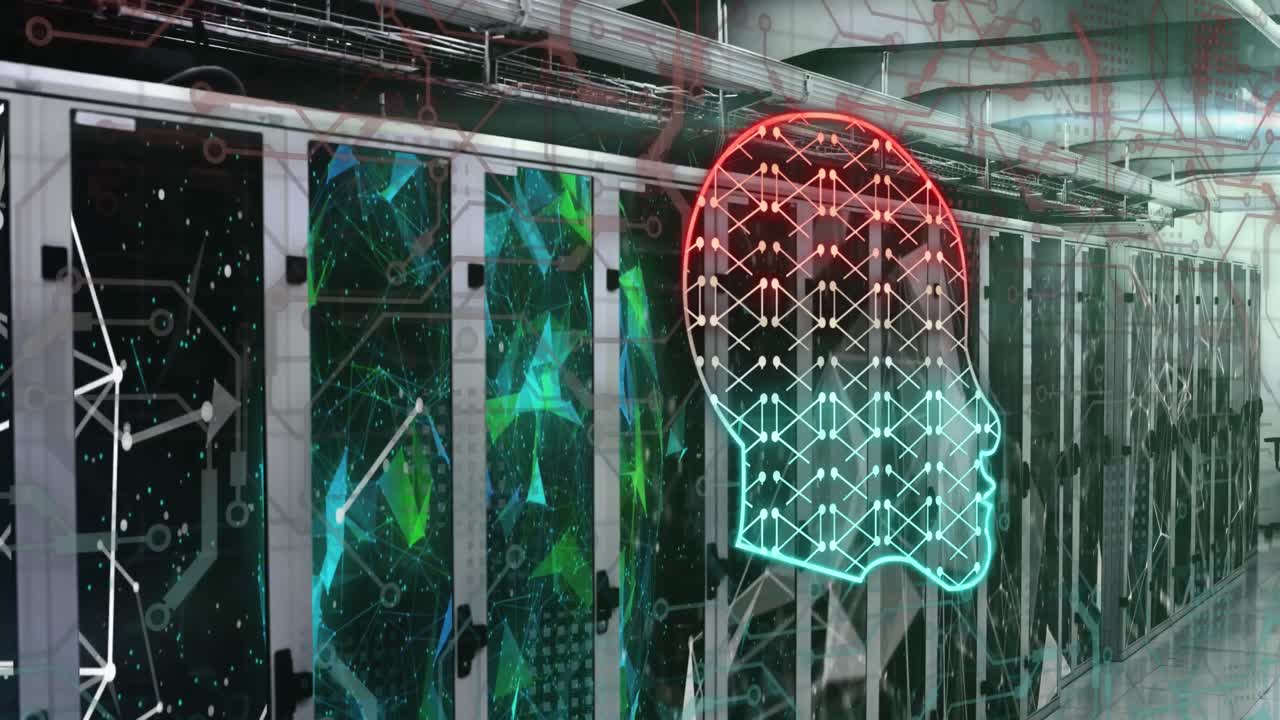 Animation of human head, connections and data processing over circuit board and servers
