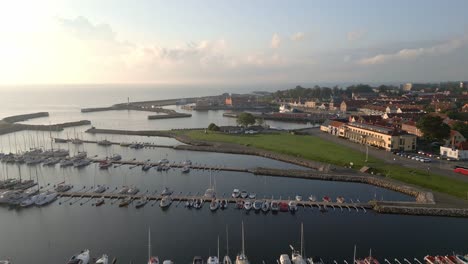 Marina-in-Simrishamn,-Sweden-at-sunrise