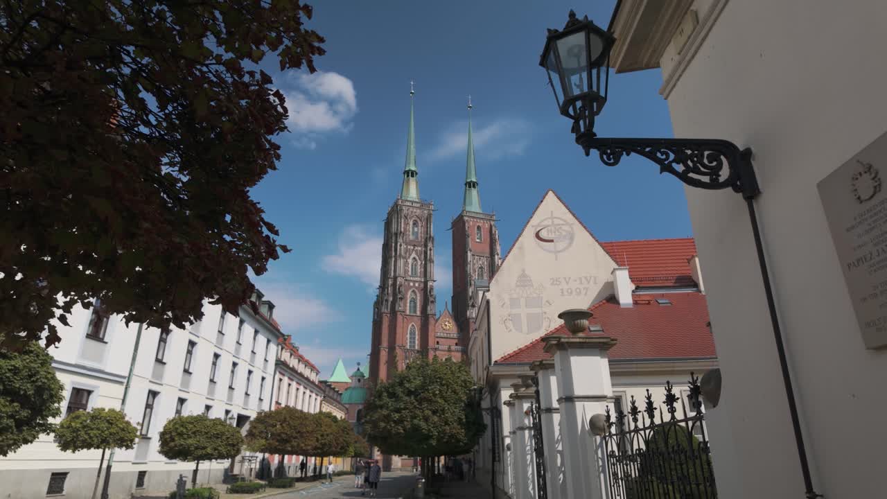 Establishing tilt up of Wroclaw’s Cathedral of St. John the Baptist, showcasing gothic architecture and historical ambiance