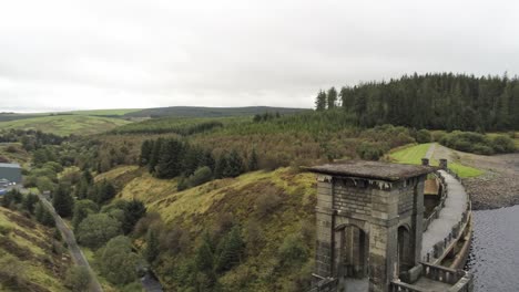 alwen reservoir countryside hydroelectric landmark historical aerial dolly right passing tower