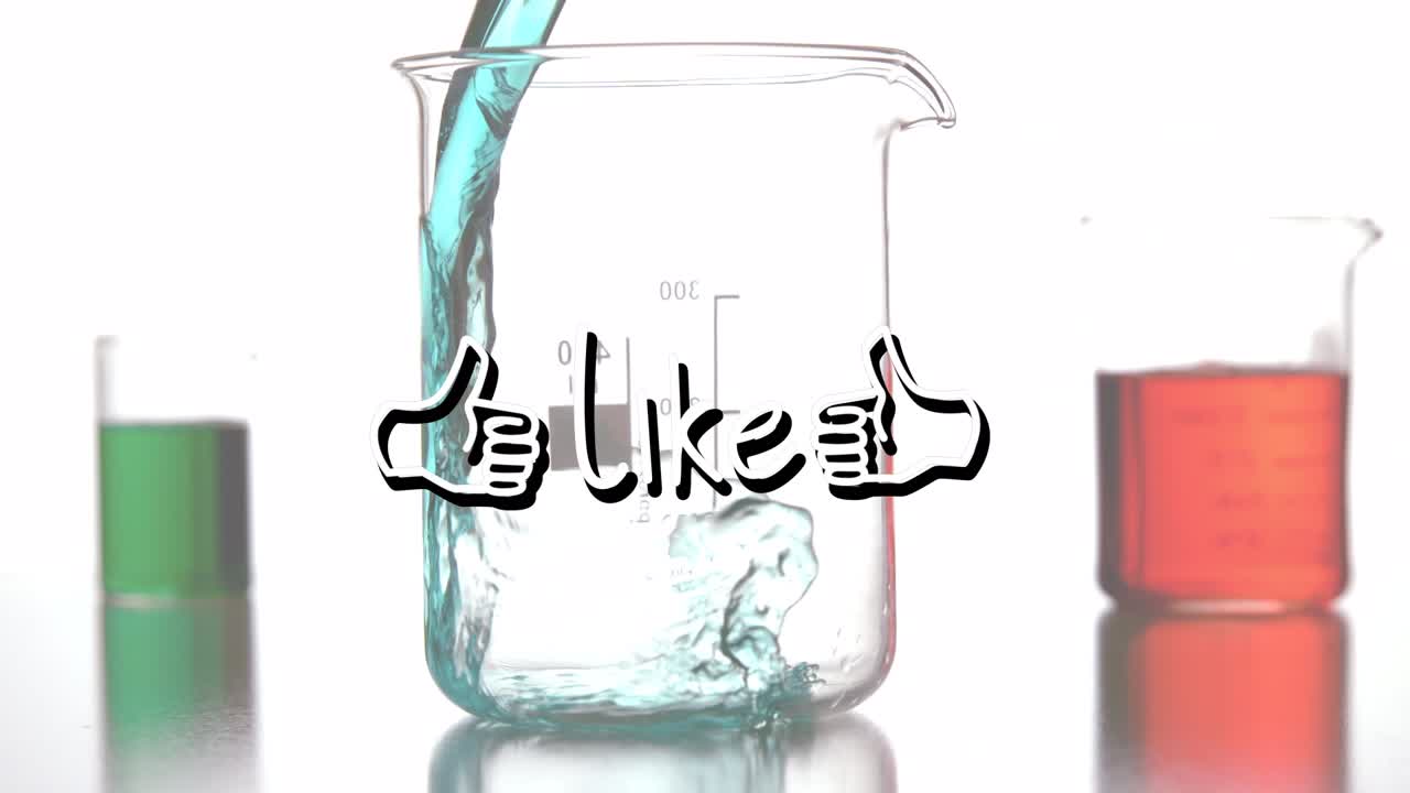 Animazione di testo 'like' su becher con liquido su sfondo bianco