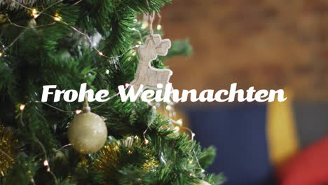 Animation-of-frohe-weihnachten-text-over-christmas-tree