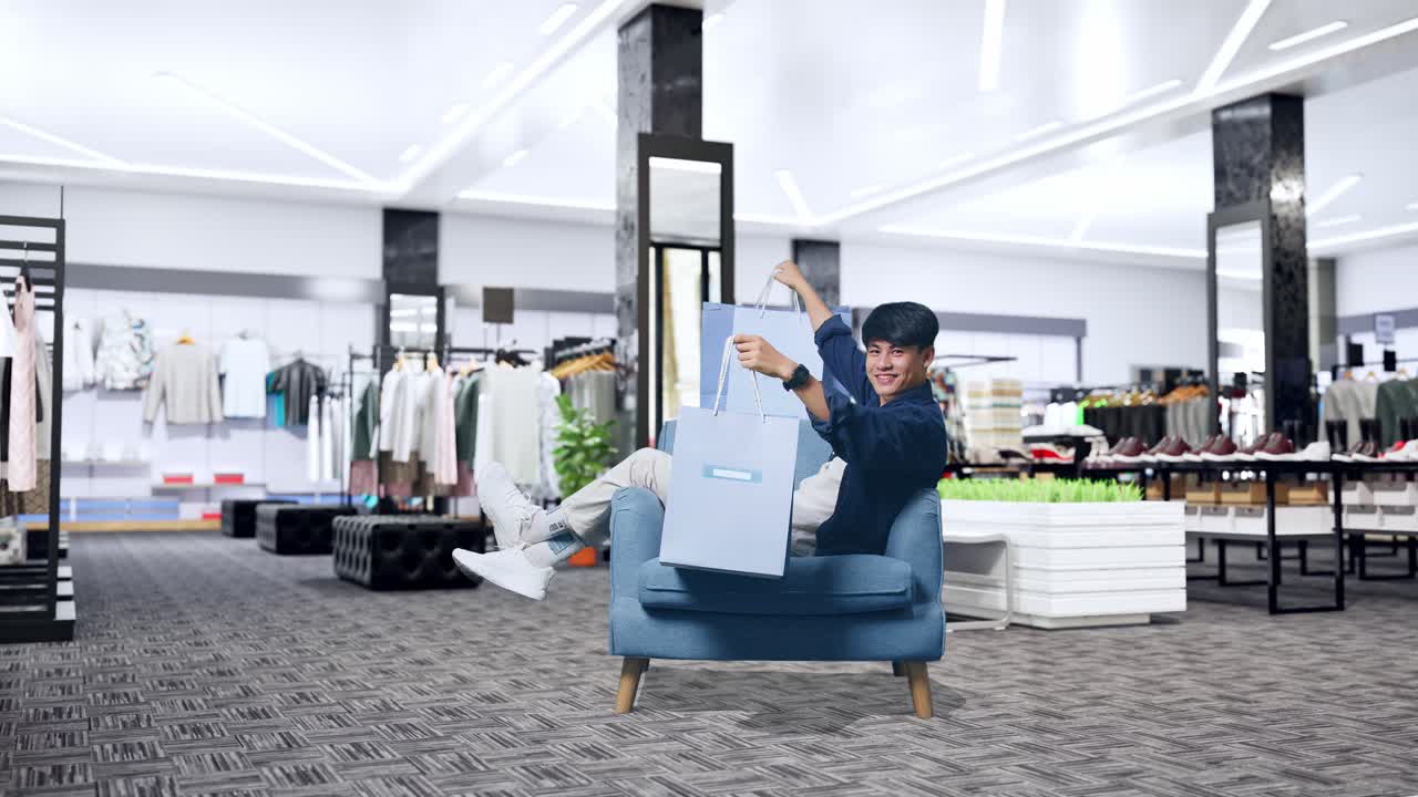 쇼핑몰에서 쇼핑하는 행복한 남자