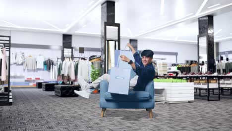 hombre feliz comprando en un centro comercial