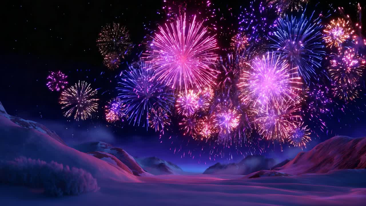 Stunning Display of Colorful Fireworks Illuminating a Snowy Mountain Landscape at Night, Creating a Magical Atmosphere Under the Starry Sky, Captivating Spectators with Radiant Explosions of Light