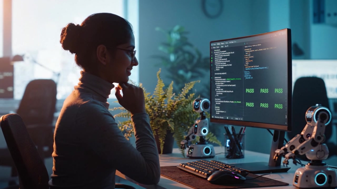 Un programador concentrado analiza salidas codificadas junto a asistentes robóticos en un espacio de trabajo contemporáneo lleno de tecnología digital y vegetación