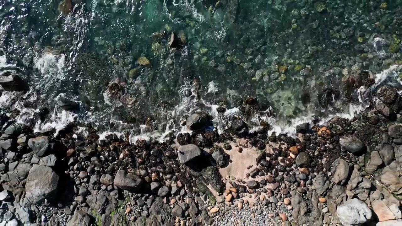 Ripresa in ascesa da una costa rocciosa intertidale coperta di cozze e alghe che si eleva per rivelare acqua bassa cristallina che lambisce la scogliera costiera