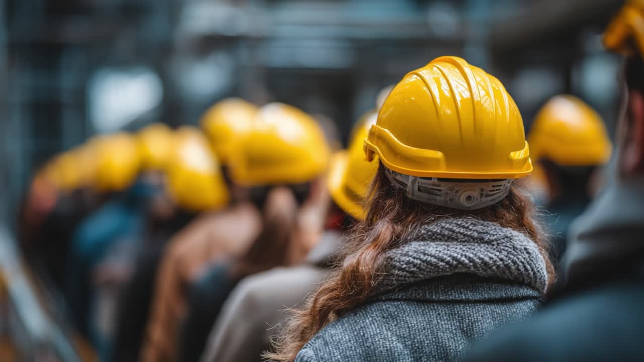 A Group of Workers in Construction Helmets Waiting in Line, Showcasing Safety Protocols and Industrial Collaboration in a Busy Urban Environment