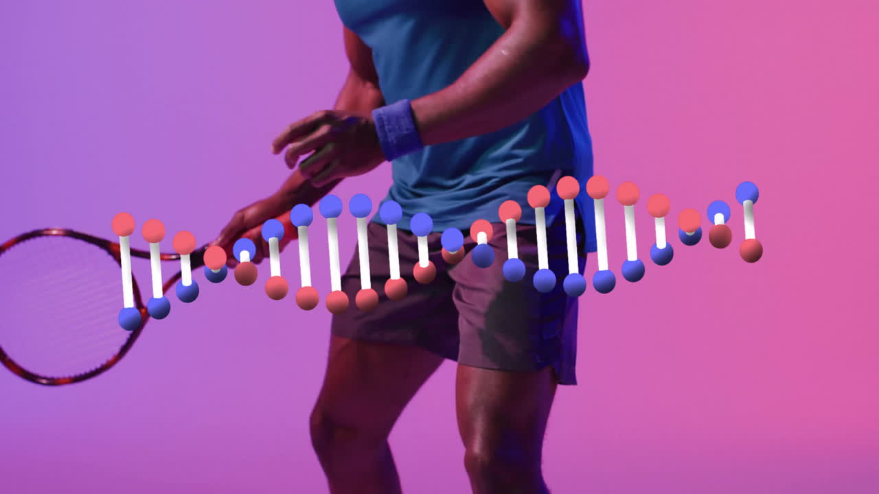 Playing tennis, athlete with DNA strand animation overlay in dynamic action