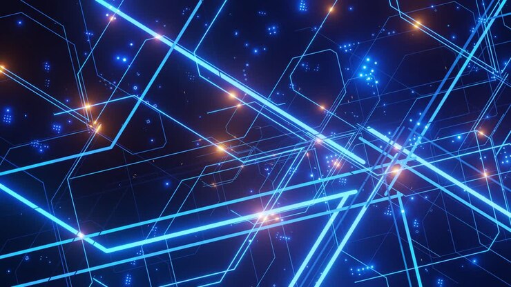 Linee di circuito digitale in movimento, linee digitali con punti luminosi. Movimento di attraversamento. Risoluzione 4K. Colore blu.