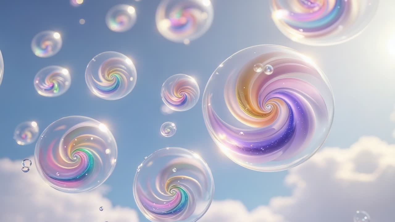 Colorful Swirling Bubbles in a Blue Sky