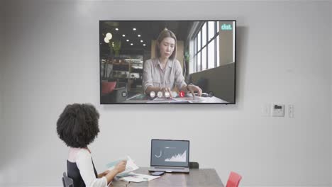 mujer de negocios afroamericana en videollamada con una colega caucásica en la pantalla